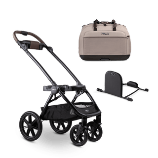 An tawny fashion Hendrick Travel System broken down into three parts of the stroller frame, the adapter, and the pet car seat