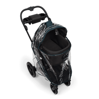A Tavo Pets rain cover on a Maeve 5 series pet travel system shown from overhead with the carrier open - view 2