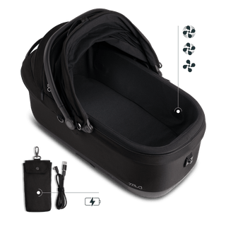 Maeve iso7x Wind pet car seat in the onyx fashion shown from above with the durable mattress pad and pointing out the integrated fans and the power bank bag.