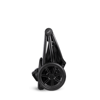 A black Roscoe Trek  Pet Stroller Frame shown standing folded up  - view 2