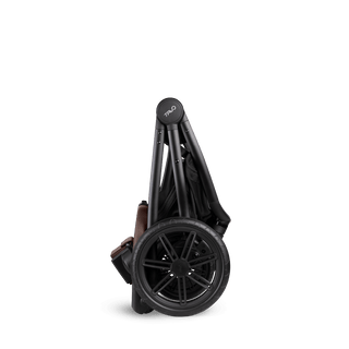 A chocolate Roscoe Trek  Pet Stroller Frame shown standing folded up  - view 2