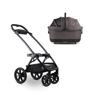 A Maeve iso 6x Wind travel system in the fashion ashen showing the Pet Car Seat detached from the Roscoe Trek Stroller Frame