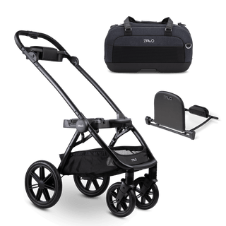Dupree II pet car seat in the astral fashion, the Roscoe Trek pet stroller frame, and the Dupree adapter shown in parts