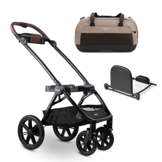 Dupree II pet car seat in the fawn fashion, the Roscoe Trek pet stroller frame, and the Dupree adapter shown in parts