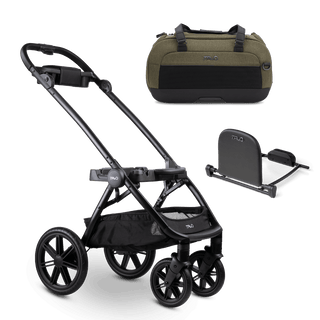 Dupree II pet car seat in the fern fashion, the Roscoe Trek pet stroller frame, and the Dupree adapter shown in parts