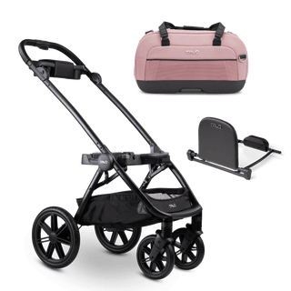 Dupree II pet car seat in the sakura fashion, the Roscoe Trek pet stroller frame, and the Dupree adapter shown in parts