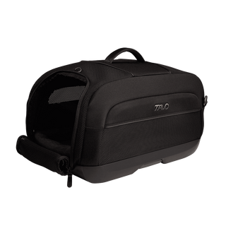 open three-quarter view of black pet car seat with unzipped mesh side door  - view 2