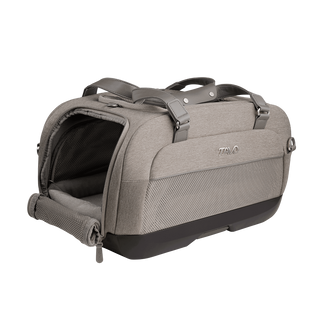 open three-quarter view of gray pet car seat with unzipped mesh side door and two carry handles at the top - view 1