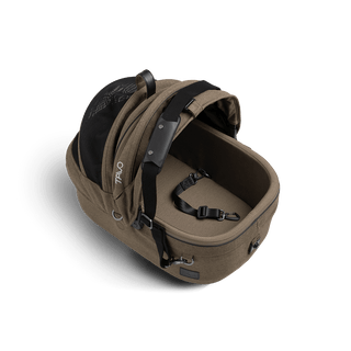 small pet carrier with open canopy and leash, brindle