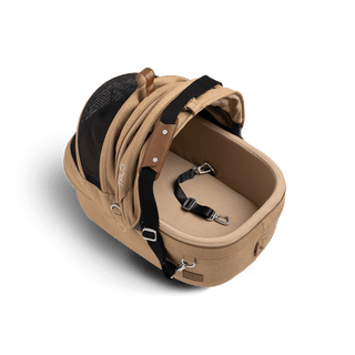 small pet carrier with open canopy and leash, sable