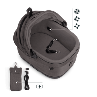 Maeve iso5x Wind pet car seat in the ashen fashion shown from above with the durable mattress pad and pointing out the integrated fans and the power bank bag.