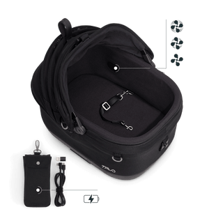 Maeve iso5x Wind pet car seat in the onyx fashion shown from above with the durable mattress pad and pointing out the integrated fans and the power bank bag.