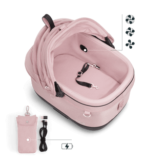 Maeve iso5x Wind pet car seat in the sakura fashion shown from above with the durable mattress pad and pointing out the integrated fans and the power bank bag.