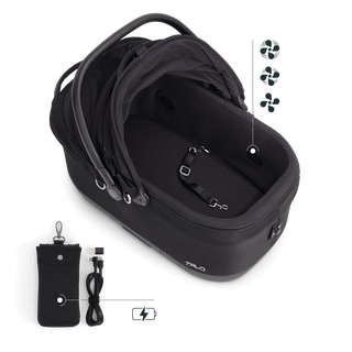 Maeve iso6x Wind pet car seat in the onyx fashion shown from above with the durable mattress pad and pointing out the integrated fans and the power bank bag.