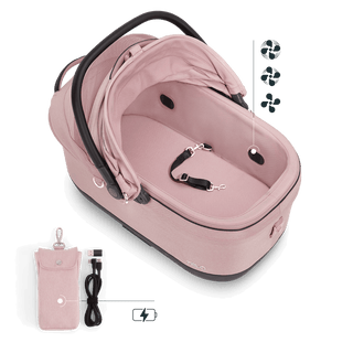Maeve iso6x Wind pet car seat in the sakura fashion shown from above with the durable mattress pad and pointing out the integrated fans and the power bank bag.