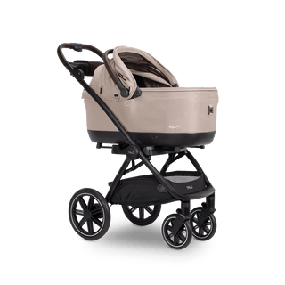 Maeve iso7x Wind pet car seat in the tawny fashion shown with the canopy open and attached to a Roscoe Trek Pet Stroller Frame in the fashion chocolate.