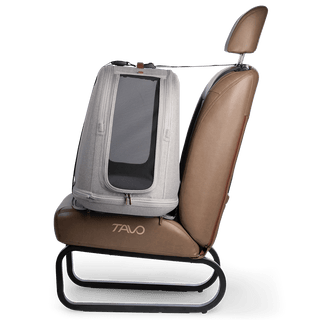 Tavo Pets Crispin large crash-tested pet travel crate in Merle gray on vehicle bench side view