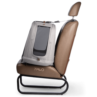 Tavo Pets Crispin medium crash-tested pet travel crate in Merle gray on vehicle bench side view
