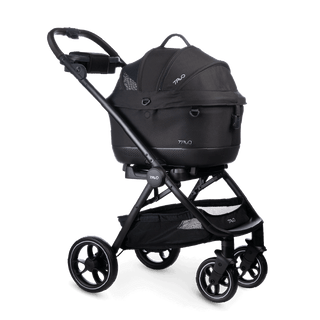 Tavo black Maeve iso5x crash tested pet car seat on a Roscoedog stroller frame