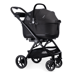 Tavo black Maeve iso6x crash tested pet car seat on a Roscoe dog stroller frame