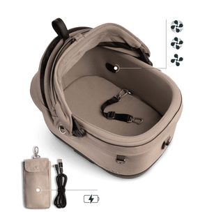 A Maeve iso 5x Wind Pet Car Seat in the fashion fawn showing the interior integrated fan and the battery power bank pouch