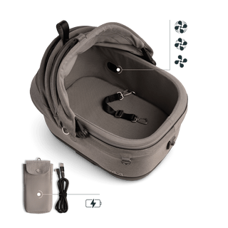 A Maeve iso 5x Wind Pet Car Seat in the fashion merle showing the interior integrated fan and the battery power bank pouch