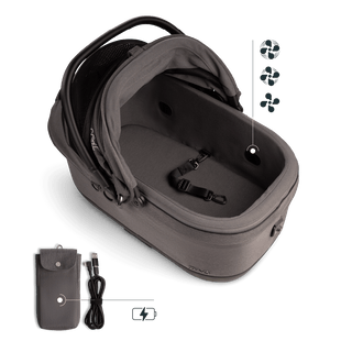 A Maeve iso 6x Wind Pet Car Seat in the fashion ashen showing the interior integrated fans and the battery power bank pouch