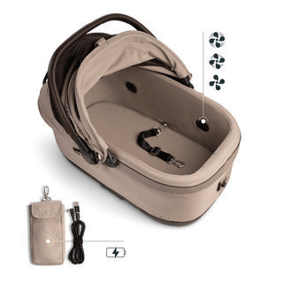 A Maeve iso 6x Wind Pet Car Seat in the fashion fawn showing the interior integrated fans and the battery power bank pouch
