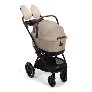 Tavo Pets winter gloves in the fashion fawn shown attached to the handle bar of the Roscoe Trek Stroller Frame