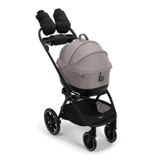 Tavo Pets winter gloves in the fashion onyx shown attached to the handle bar of the Roscoe Trek Stroller Frame