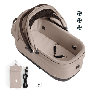 Maeve iso7x pet car seat in the fawn fashion shown from above with the durable mattress pad and pointing out the integrated fans and the power bank bag