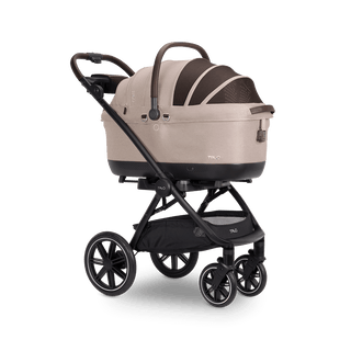 Maeve iso7x Wind pet car seat in the tawny fashion shown with the canopy closed and attached to a Roscoe Trek Pet Stroller Frame in the fashion chocolate.