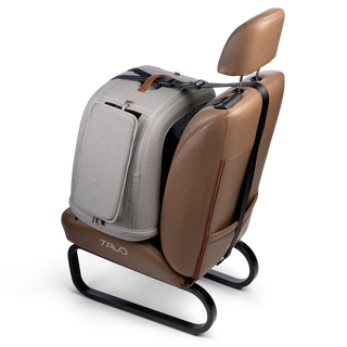 Tavo Pets Crispin small crash-tested pet travel crate in Merle gray on vehicle bench with tether attachment