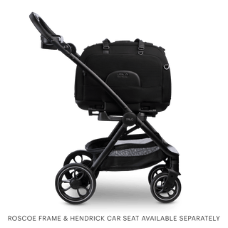 The full Hendrick Travel System assembled including the Adapter, the Roscoe Pet Stroller Frame, and the Hendrick Pet Car Seat 