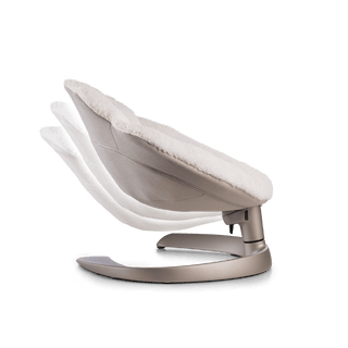 Side view of a white plush pet bed with a gray underside on a brushed bronze C-shaped frame, positioned at its highest upright angle. Two semi-transparent overlay images show additional reclining positions