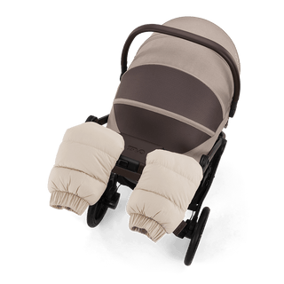 Tavo Pets winter gloves in the fashion fawn shown attached to the handle bar of the Roscoe Trek Stroller Frame