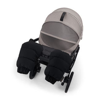 Tavo Pets winter gloves in the fashion onyx shown attached to the handle bar of the Roscoe Trek Stroller Frame