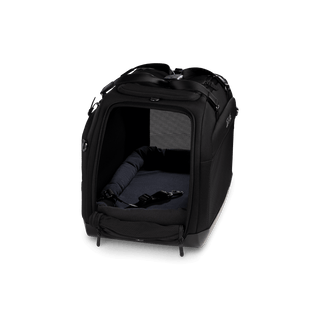 An onyx fashion Hendrick Pet Car Seat with a side door rolled open showing a durable mattress and an interior leash