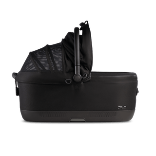 A Maeve iso 7x Pet Car Seat in the fashion onyx from the side with the right side of the canopy open