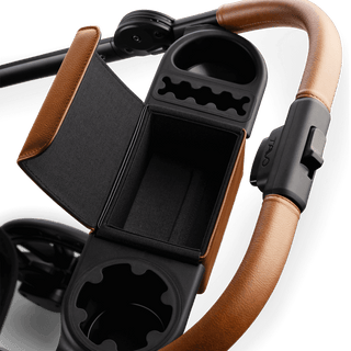 The organizer bar of a cognac Roscoe Trek  Pet Stroller Frame with the treat compartment open - view 5