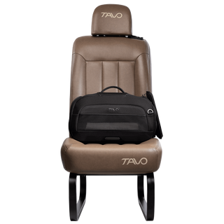 Side view of compact, black pet car seat attached to a brown vehicle seat with attached side impact protection  - view 5
