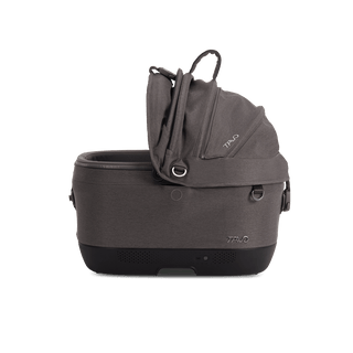 Maeve iso5x pet car seat in the ashen fashion shown from the front with its canopy open on the right