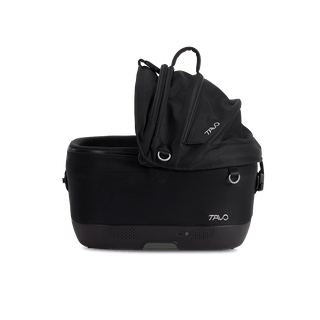 Maeve iso5x pet car seat in the onyx fashion shown from the front with its canopy open on the right