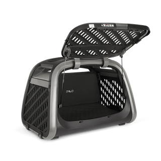 The Everett L crash-tested pet cargo crate from a side angle with the front door open 