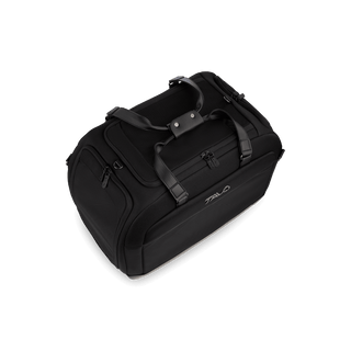 An onyx fashion Hendrick Pet Car Seat from the top showing its two handles and the top door zipped closed