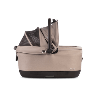 A Maeve iso 6x Wind Pet Car Seat in the fashion fawn from the side with the right side of the canopy open