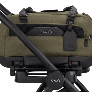 A close up of the Dupree II pet car seat in the fern fashion attached to the Dupree adaptor on the Roscoe Stroller Frame