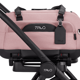 A close up of the Dupree II pet car seat in the sakura fashion attached to the Dupree adaptor on the Roscoe Stroller Frame