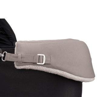 The maeve series reversible chin rest attached to the maeve travel system showing a close up of the jersey side