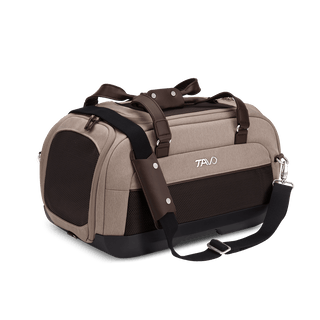 Dupree II pet car seat in the fawn fashion shown from the front with the included shoulder strap attached - view 9